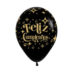 GLOBOS R-12 INFINITY ESCARCHA FELIZ CUMPLEAÑOS DORADO FASHION NEGRO X 12 UNIDADES